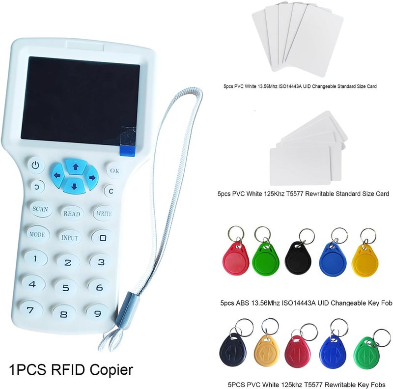 hecere قارئ كاتب مكرر RFID متعدد الترددات بصوت إنجليزي 10، مع 5 قطع مفاتيح/بطاقات T5577 قابلة للتغيير - Image 2